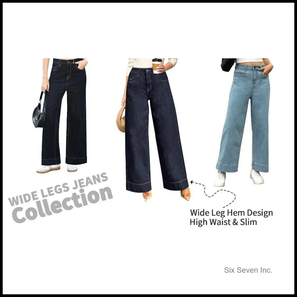 High Waisted Wide Leg Jeans Stretchy Straight Leg Denim Pants Trendy Casual